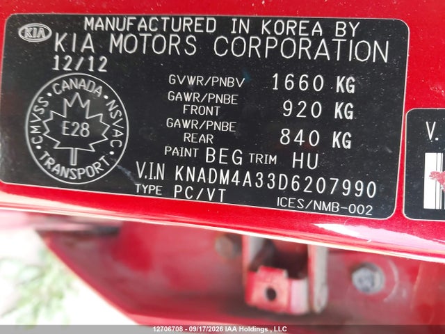12706708 :رقم المزاد ، KNADM4A33D6207990 vin ، 2013 Kia Rio Lx مزاد بيع