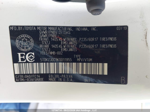 Toyota SIENNA LE 2019 5TDKZ3DC9KS011955 Image 9