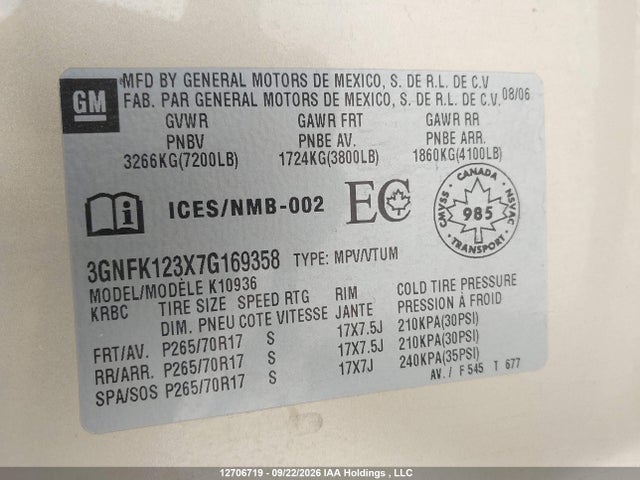 12706719 :رقم المزاد ، 3GNFK123X7G169358 vin ، 2007 Chevrolet Avalanche K1500 مزاد بيع