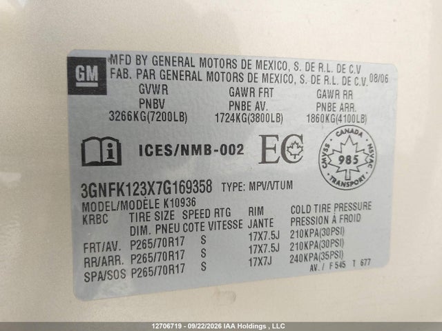 12706719 :رقم المزاد ، 3GNFK123X7G169358 vin ، 2007 Chevrolet Avalanche K1500 مزاد بيع