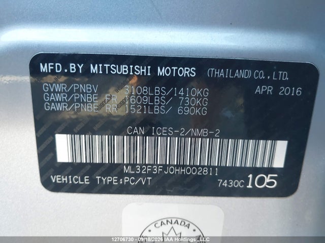 2017 Mitsubishi Mirage G4 Es მანქანა იყიდება აუქციონზე, vin: ML32F3FJ0HH002811, აუქციონის ნომერი: 12706730