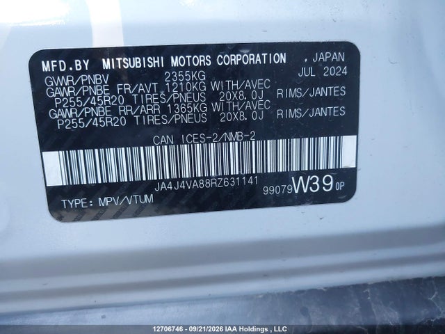 2024 Mitsubishi Outlander Le/se/sel მანქანა იყიდება აუქციონზე, vin: JA4J4VA88RZ631141, აუქციონის ნომერი: 12706746