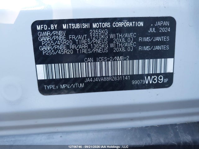 2024 Mitsubishi Outlander Le/se/sel მანქანა იყიდება აუქციონზე, vin: JA4J4VA88RZ631141, აუქციონის ნომერი: 12706746