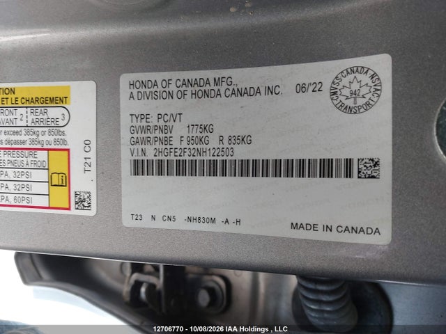 2022 Honda Civic Ex მანქანა იყიდება აუქციონზე, vin: 2HGFE2F32NH122503, აუქციონის ნომერი: 12706770