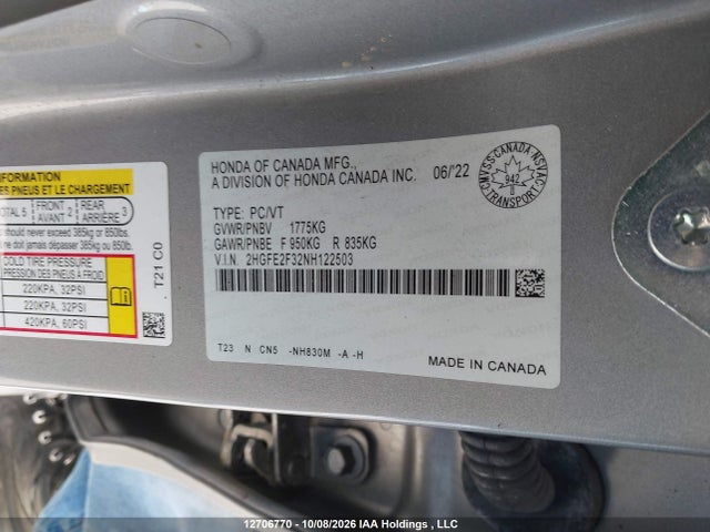 2022 Honda Civic Ex მანქანა იყიდება აუქციონზე, vin: 2HGFE2F32NH122503, აუქციონის ნომერი: 12706770