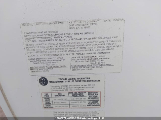 Aukcja sprzedaży 2011 Keystone Outback 312bh, vin: 4YDT31225BB452555, numer aukcji: 12706771