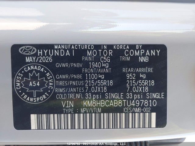 12706782 :رقم المزاد ، KM8HBCAB8TU497810 vin ، 2026 Hyundai Kona Preferred مزاد بيع