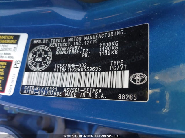 Toyota CAMRY XSE 2016 4T1BF1FK9GU559695 Image 9