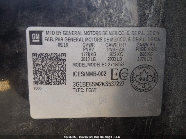 12706803 :رقم المزاد ، 3G1BE6SM2KS537227 vin ، 2019 Chevrolet Cruze Lt مزاد بيع