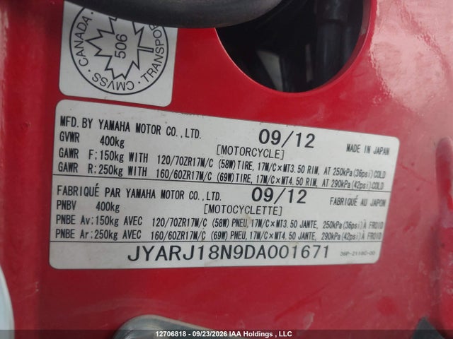 Aukcja sprzedaży 2013 Yamaha Fz6 R, vin: JYARJ18N9DA001671, numer aukcji: 12706818