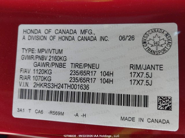 Продаж на аукціоні авто 2026 Honda Cr-v Lx 2wd, vin: 2HKRS3H24TH001636, номер лоту: 12706830
