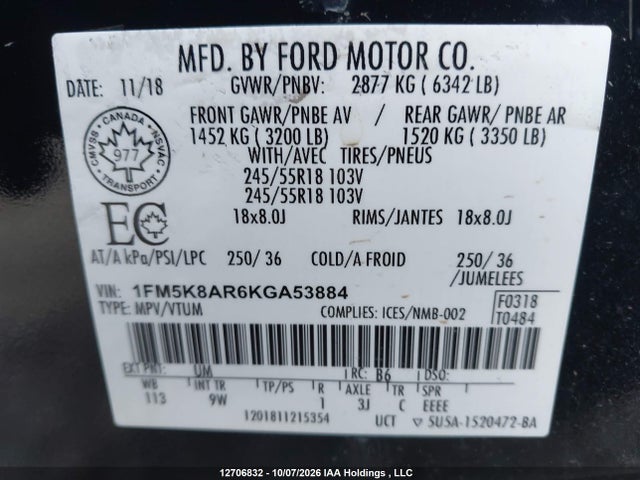 12706832 :رقم المزاد ، 1FM5K8AR6KGA53884 vin ، 2019 Ford Explorer Police Interceptor مزاد بيع