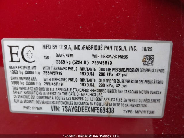 Aukcja sprzedaży 2022 Tesla Model Y Long Range, vin: 7SAYGDEEXNF568438, numer aukcji: 12706861