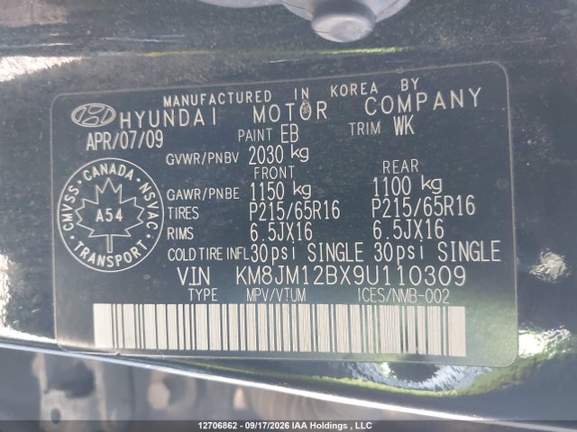 Продаж на аукціоні авто 2009 Hyundai Tucson Gls, vin: KM8JM12BX9U110309, номер лоту: 12706862