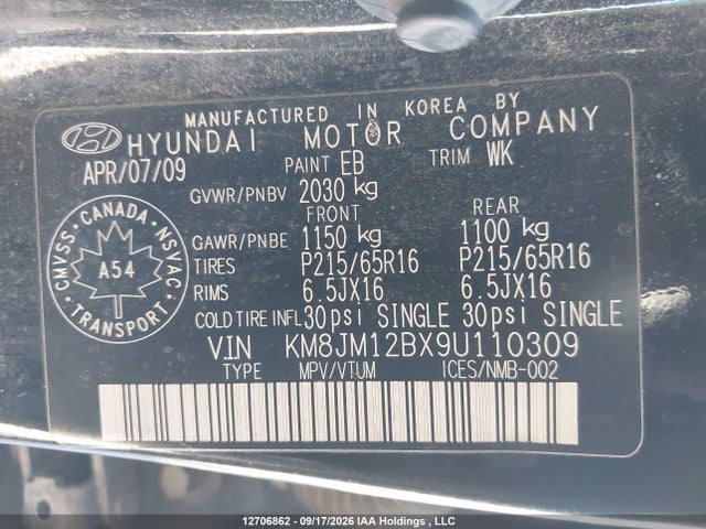 Продаж на аукціоні авто 2009 Hyundai Tucson Gls, vin: KM8JM12BX9U110309, номер лоту: 12706862