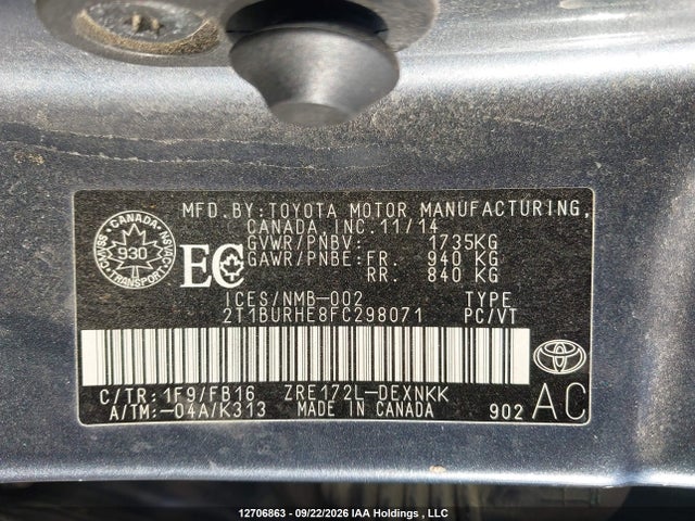 12706863 :رقم المزاد ، 2T1BURHE8FC298071 vin ، 2015 Toyota Corolla L/le/le Pls/prm/s/s Pls مزاد بيع
