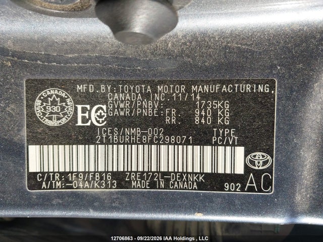 12706863 :رقم المزاد ، 2T1BURHE8FC298071 vin ، 2015 Toyota Corolla L/le/le Pls/prm/s/s Pls مزاد بيع