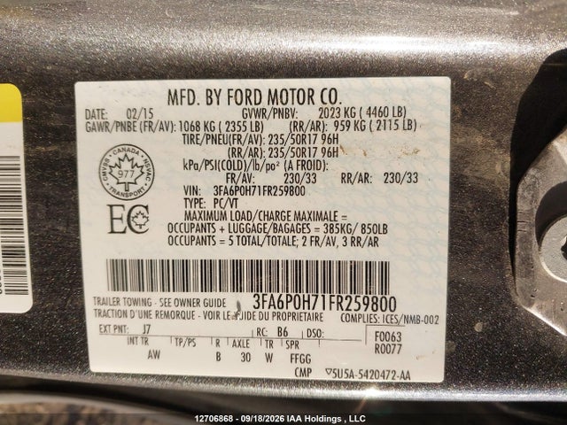 Ford FUSION SE 2015 3FA6P0H71FR259800 Image 19