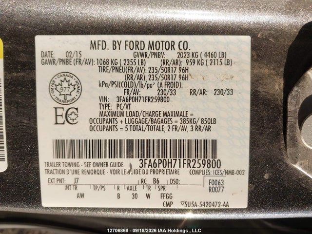 Ford FUSION SE 2015 3FA6P0H71FR259800 Image 9