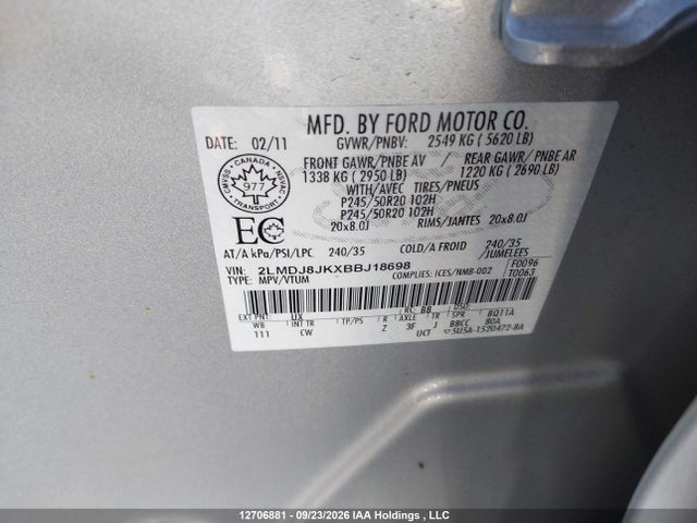 Aukcja sprzedaży 2011 Lincoln Mkx, vin: 2LMDJ8JKXBBJ18698, numer aukcji: 12706881