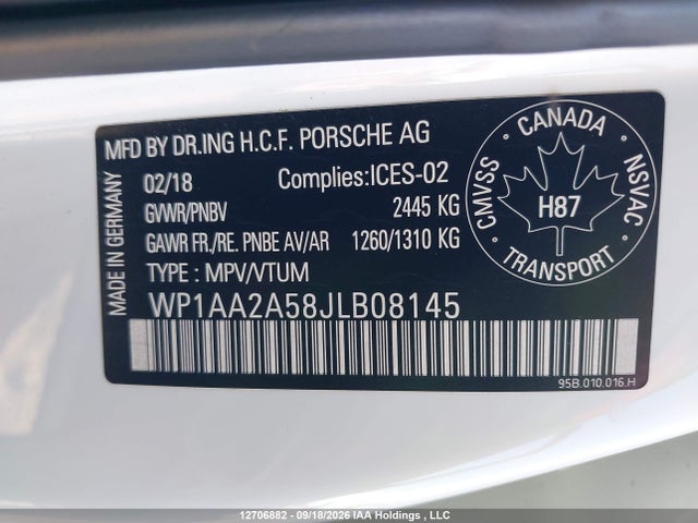 12706882 :رقم المزاد ، WP1AA2A58JLB08145 vin ، 2018 Porsche Macan مزاد بيع