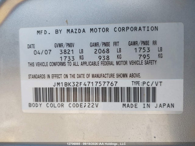 12706885 :رقم المزاد ، JM1BK32F471757767 vin ، 2007 Mazda 3 I مزاد بيع