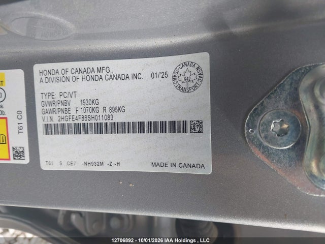2025 Honda Civic მანქანა იყიდება აუქციონზე, vin: 2HGFE4F86SH011083, აუქციონის ნომერი: 12706892