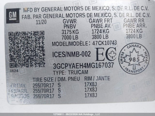 2021 Chevrolet Silverado 1500 Work Truck მანქანა იყიდება აუქციონზე, vin: 3GCPYAEH4MG167037, აუქციონის ნომერი: 12706911