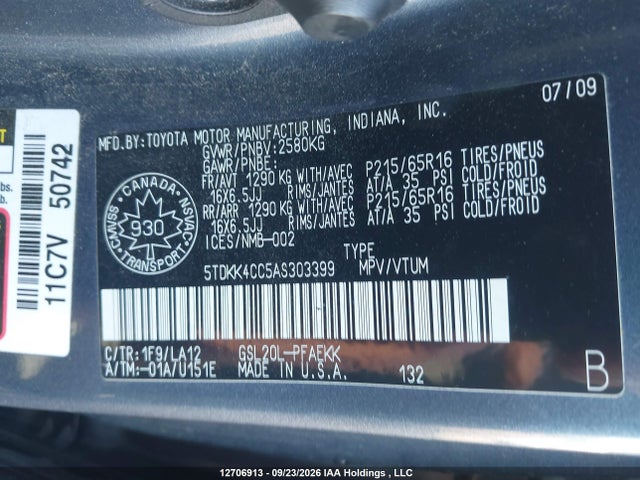 12706913 :رقم المزاد ، 5TDKK4CC5AS303399 vin ، 2010 Toyota Sienna Le V6 مزاد بيع