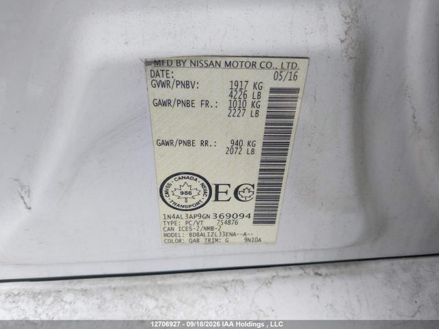 Aukcja sprzedaży 2016 Nissan Altima 2.5/2.5 S/2.5 Sl Tech/2.5 Sr/2.5 Sv, vin: 1N4AL3AP9GN369094, numer aukcji: 12706927