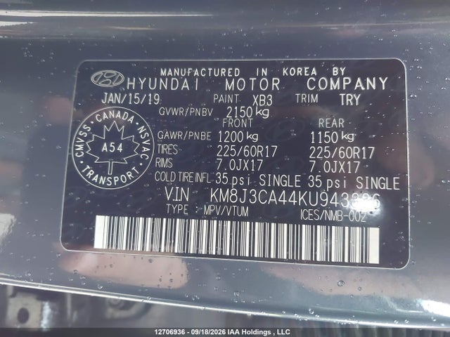Продаж на аукціоні авто 2019 Hyundai Tucson Preferred, vin: KM8J3CA44KU943336, номер лоту: 12706936