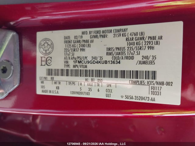 Продаж на аукціоні авто 2019 Ford Escape Se, vin: 1FMCU9GD4KUB13634, номер лоту: 12706945