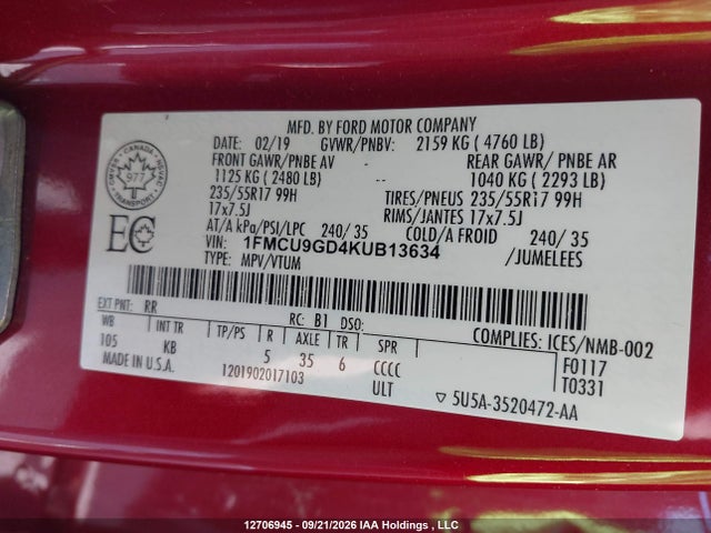 Продаж на аукціоні авто 2019 Ford Escape Se, vin: 1FMCU9GD4KUB13634, номер лоту: 12706945