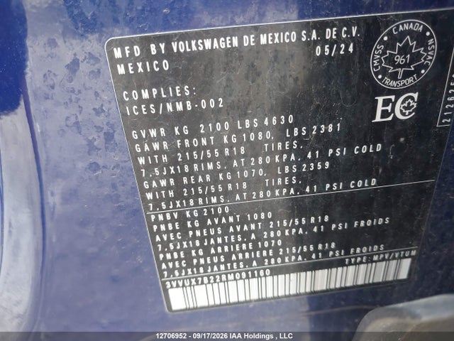 12706952 :رقم المزاد ، 3VVUX7B22RM091160 vin ، 2024 Volkswagen Taos Se مزاد بيع