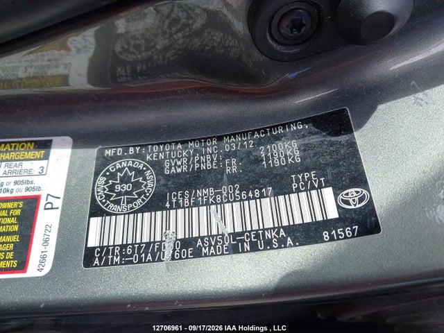 Auction sale of the 2012 Toyota Camry Se/le/xle, vin: 4T1BF1FK8CU564817, lot number: 12706961