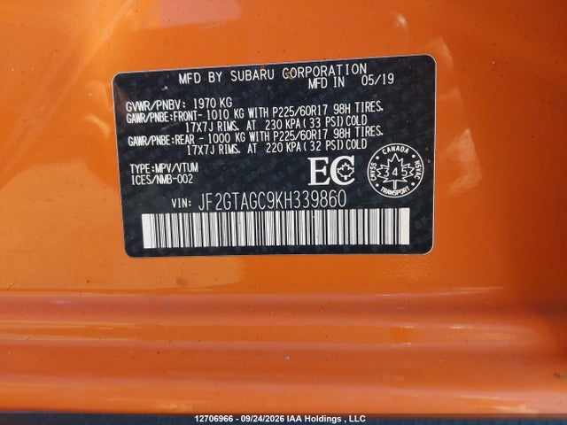 Aukcja sprzedaży 2019 Subaru Crosstrek Sport, vin: JF2GTAGC9KH339860, numer aukcji: 12706966