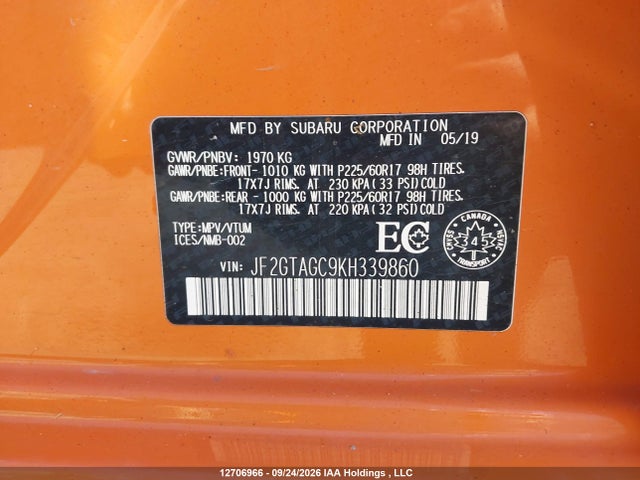 Aukcja sprzedaży 2019 Subaru Crosstrek Sport, vin: JF2GTAGC9KH339860, numer aukcji: 12706966
