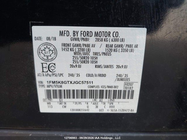 12706983 :رقم المزاد ، 1FM5K8GTXJGC57511 vin ، 2018 Ford Explorer Sport مزاد بيع
