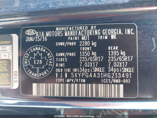 12706985 :رقم المزاد ، 5XYPG4A31HG213491 vin ، 2017 Kia Sorento 2.4l Lx مزاد بيع