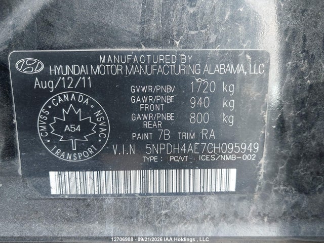 12706988 :رقم المزاد ، 5NPDH4AE7CH095949 vin ، 2012 Hyundai Elantra Gl مزاد بيع