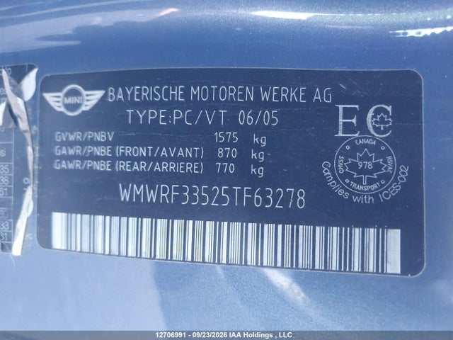 Продажа на аукционе авто 2005 Mini Cooper, vin: WMWRF33525TF63278, номер лота: 12706991