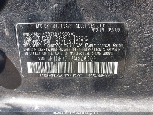 12707003 :رقم المزاد ، JF1GE7G68AG505026 vin ، 2010 Subaru Impreza Wrx/wrx Limited Package مزاد بيع