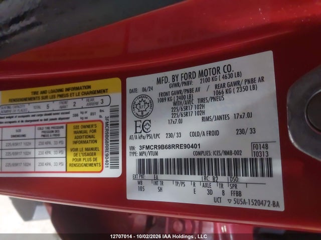 Продажа на аукционе авто 2024 Ford Bronco Sport Big Bend, vin: 3FMCR9B68RRE90401, номер лота: 12707014