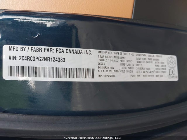 12707028 :رقم المزاد ، 2C4RC3PG2NR124383 vin ، 2022 Chrysler Pacifica Pinnacle Awd مزاد بيع