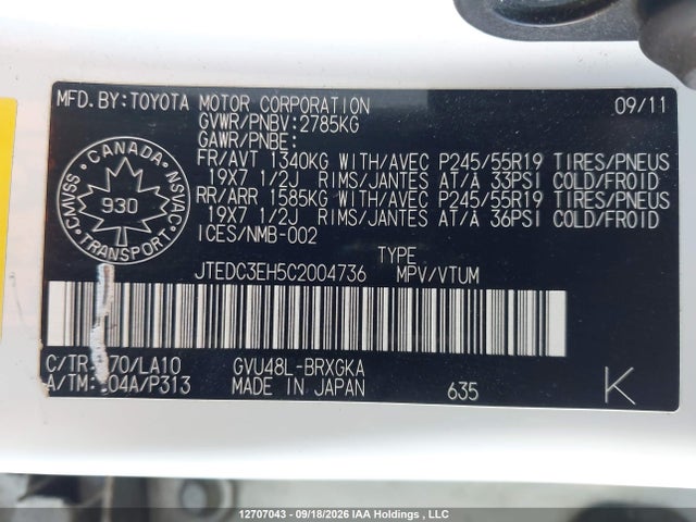 12707043 :رقم المزاد ، JTEDC3EH5C2004736 vin ، 2012 Toyota Highlander Hybrid Limited مزاد بيع