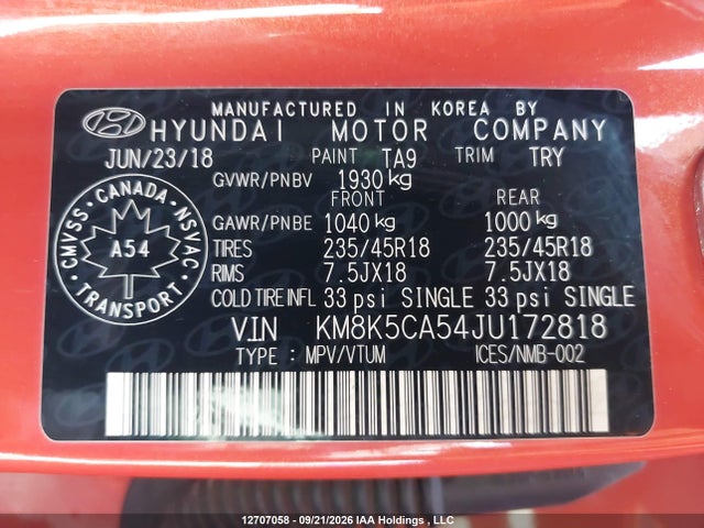2018 Hyundai Kona 1.6t Ultimate მანქანა იყიდება აუქციონზე, vin: KM8K5CA54JU172818, აუქციონის ნომერი: 12707058