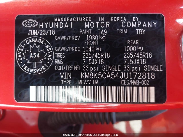 2018 Hyundai Kona 1.6t Ultimate მანქანა იყიდება აუქციონზე, vin: KM8K5CA54JU172818, აუქციონის ნომერი: 12707058