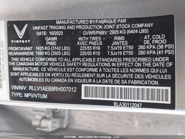 Продажа на аукционе авто 2024 Vinfast Vf 8 Eco, vin: RLLV1AEB8RH007012, номер лота: 12707066