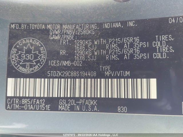 Продажа на аукционе авто 2008 Toyota Sienna Ce, vin: 5TDZK29C88S194408, номер лота: 12707072