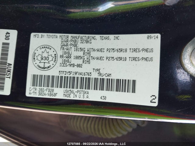 Toyota Tundra Crewmax Sr5/trd Pro 2015 5TFDY5F19FX416765 Image 9